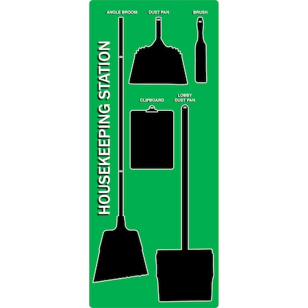 5S Housekeeping Shadow Board Broom Station Version 12 - Green Board / Black Shadows  With Broom